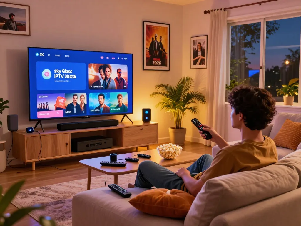 Sky Glass IPTV Updated APP 2026 showcasing immersive home theater experience with popcorn and smart devices.