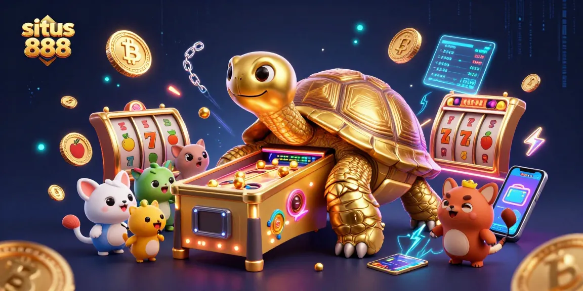 Experience the excitement of situs 888 with a lively 3D casino scene showcasing thrilling slot games.