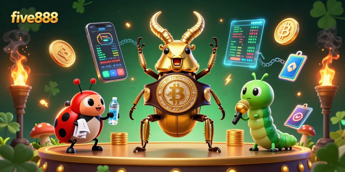 Place bets with five888 in this vibrant 3D scene showcasing crypto-themed gambling excitement.