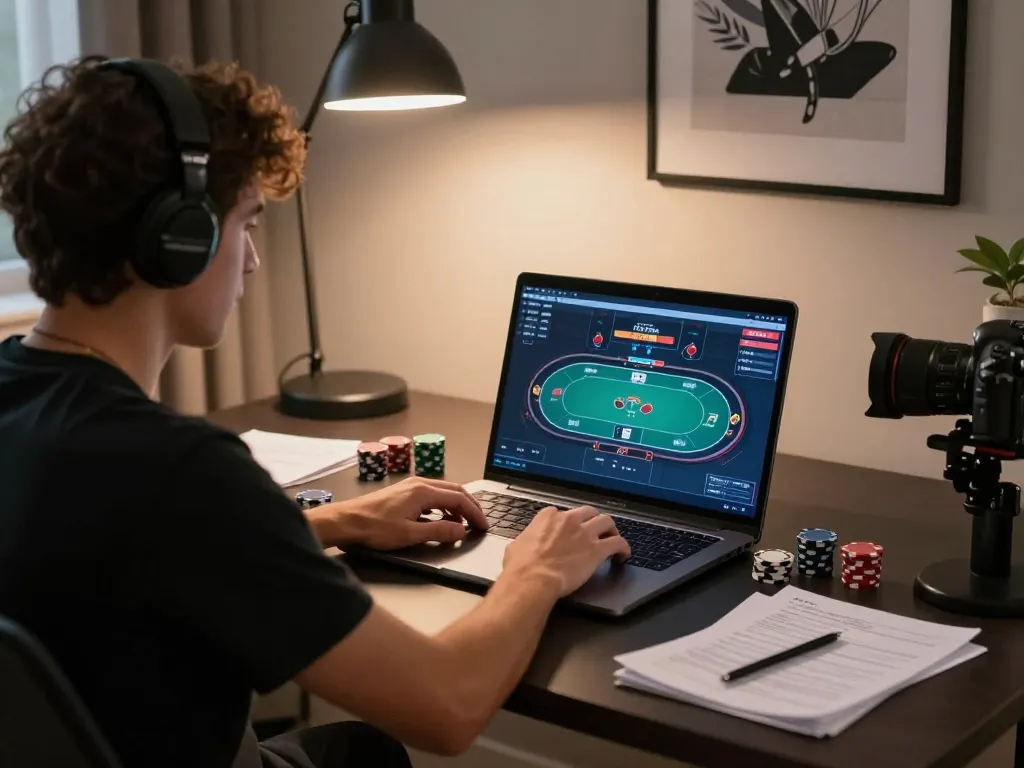 UU88 online poker gameplay in a stylish home office, showcasing strategy and focus.