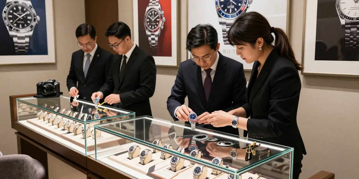 Stylish boutique showcasing premium super clone watches with attentive staff helping customers.