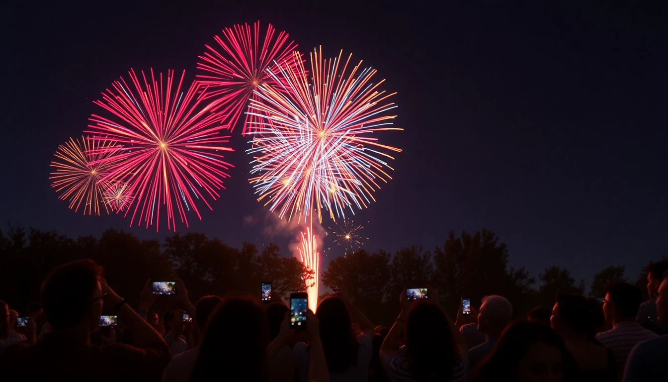 People enjoying a stunning fireworks for sale display under a starry sky.