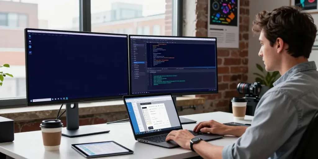 Developer focused on coding at dual monitor setup showcasing click features in an urban office.