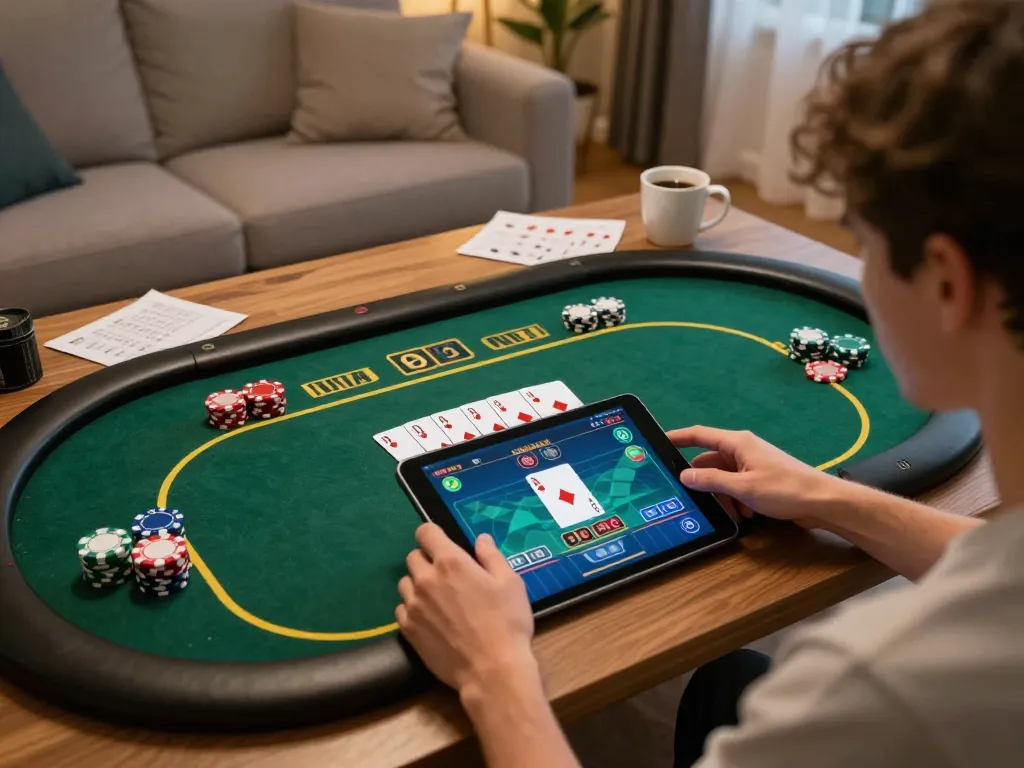 Player engages in thrilling vmax online poker gameplay on tablet in cozy living room.