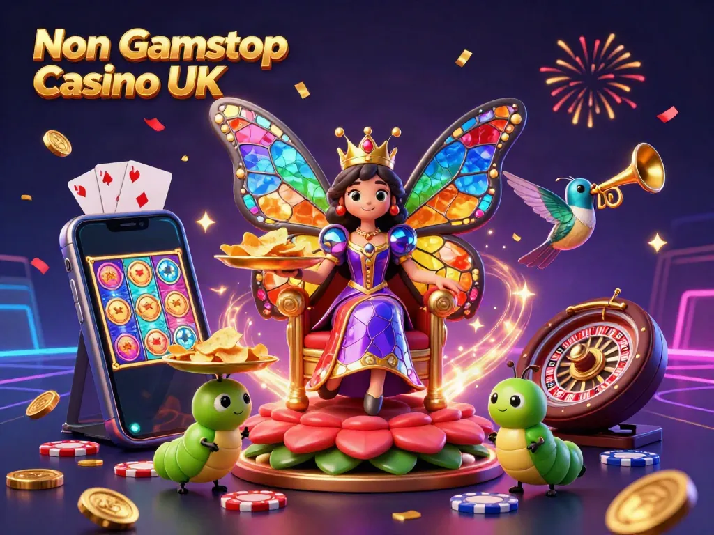 Engaging scene representing Non Gamstop Casino UK, featuring a butterfly queen, gaming elements, and celebratory confetti.