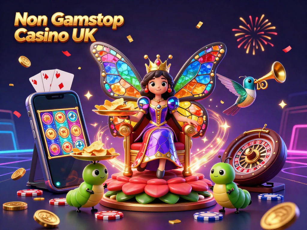 Engaging scene representing Non Gamstop Casino UK, featuring a butterfly queen, gaming elements, and celebratory confetti.