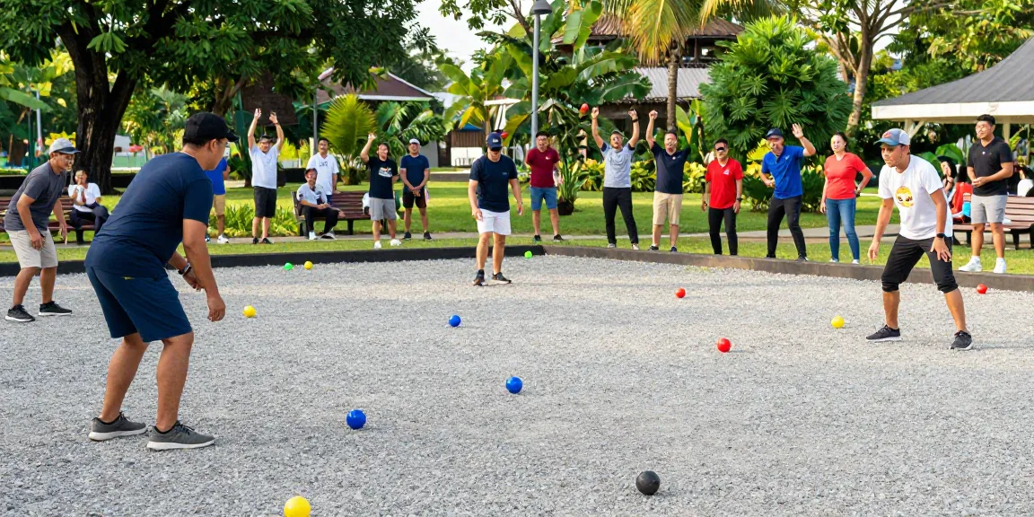 Petanque players joyfully competing at fopikotatomohon.org in a sunny outdoor park.