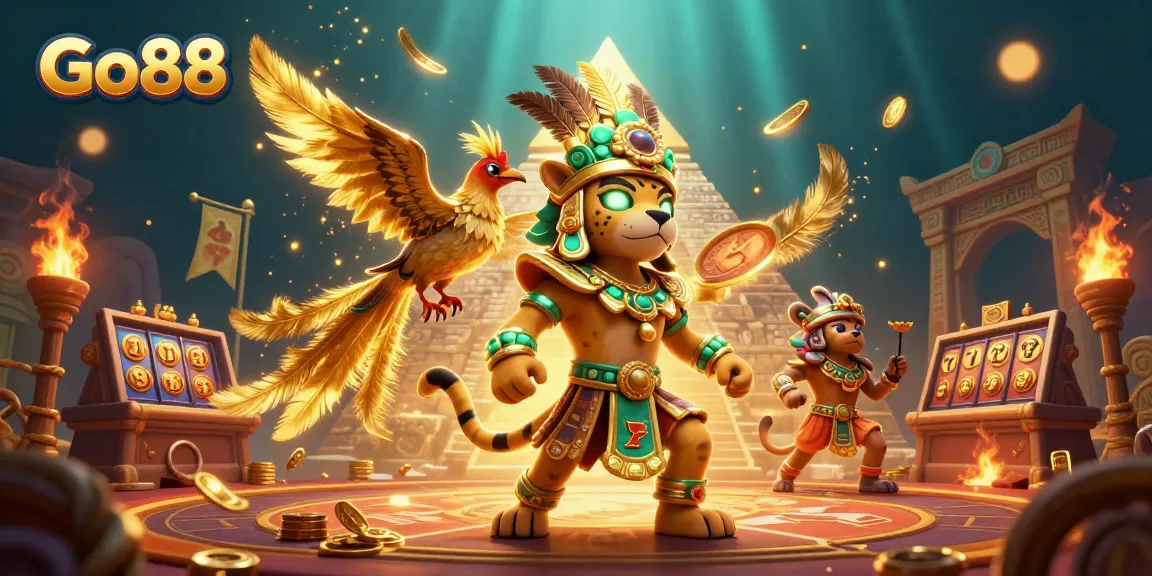 Experience exciting gameplay at Go88 with a rich illustration of a Mayan priest and winning elements.