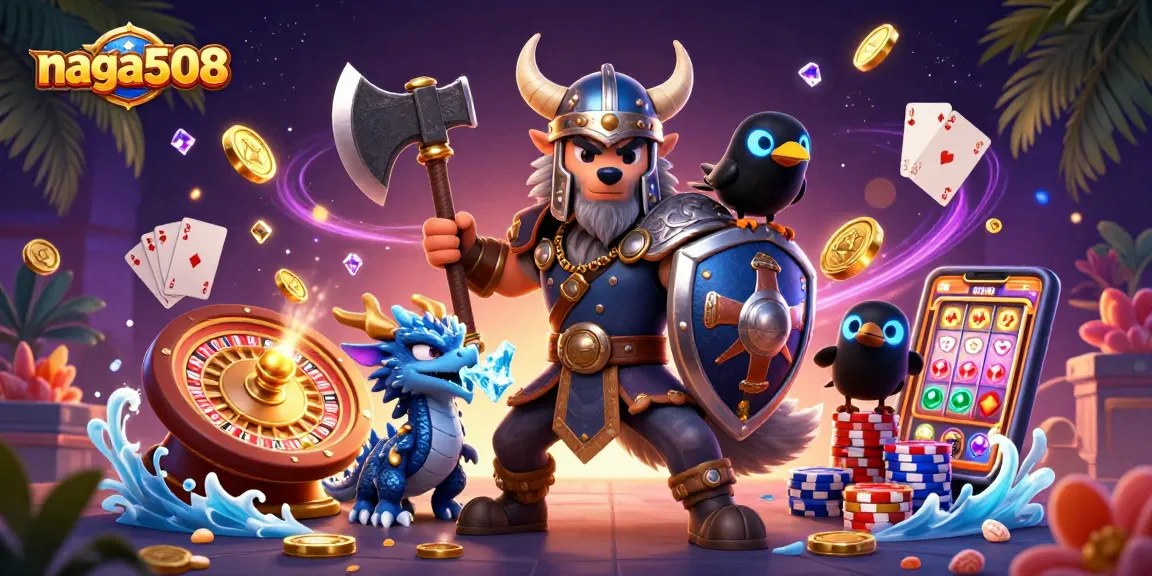 Navigating the thrilling world of naga508 with a Viking warrior and dragon amid dynamic casino elements.