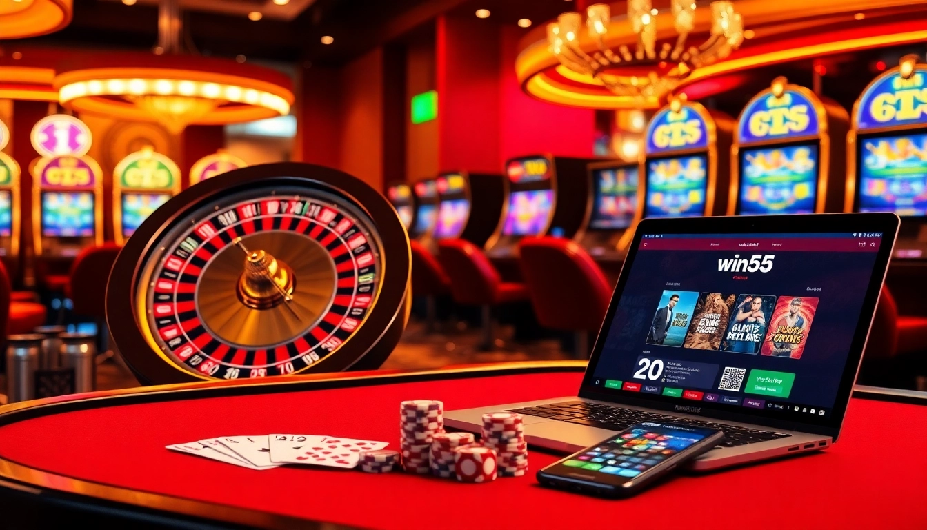 Experience the excitement of win55 at a luxurious online casino table with poker chips and glowing roulette wheel.