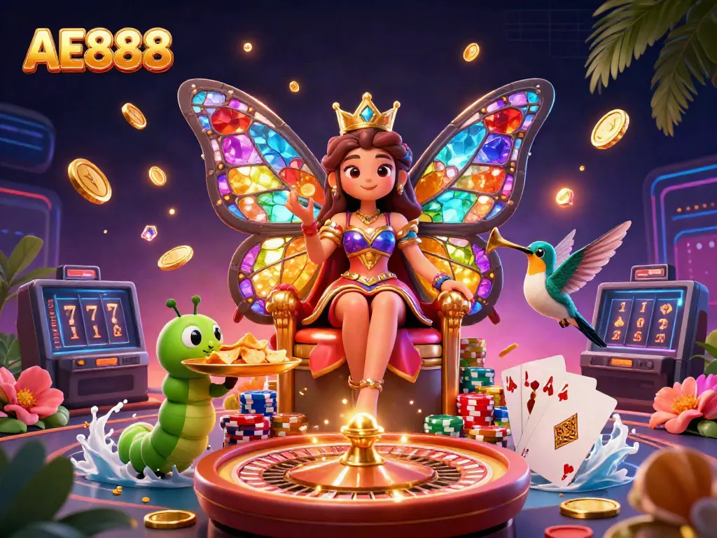 Experience the vibrant world of AE888 with dynamic casino elements and whimsical characters in rich detail.