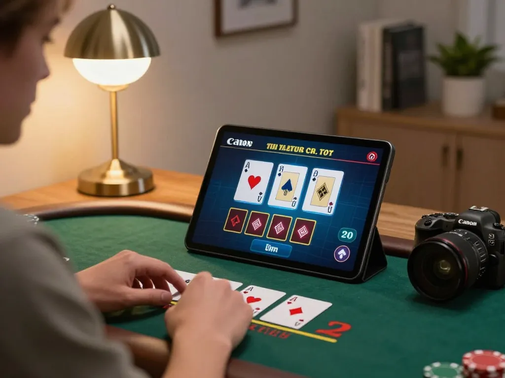 Player engaged in strategic online blackjack using 8kbetbh app, showcasing home gaming environment.