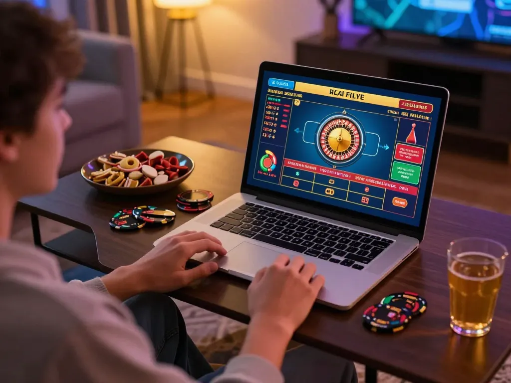 Engaged user playing live casino roulette on open88 com in a cozy home setting with snacks and warm lighting