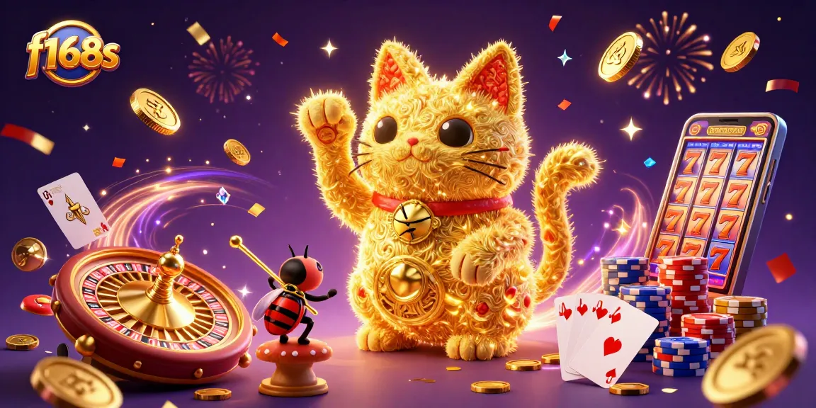 Join the fun at f168s with dynamic casino symbols and vibrant golden visuals for a thrilling gaming experience.