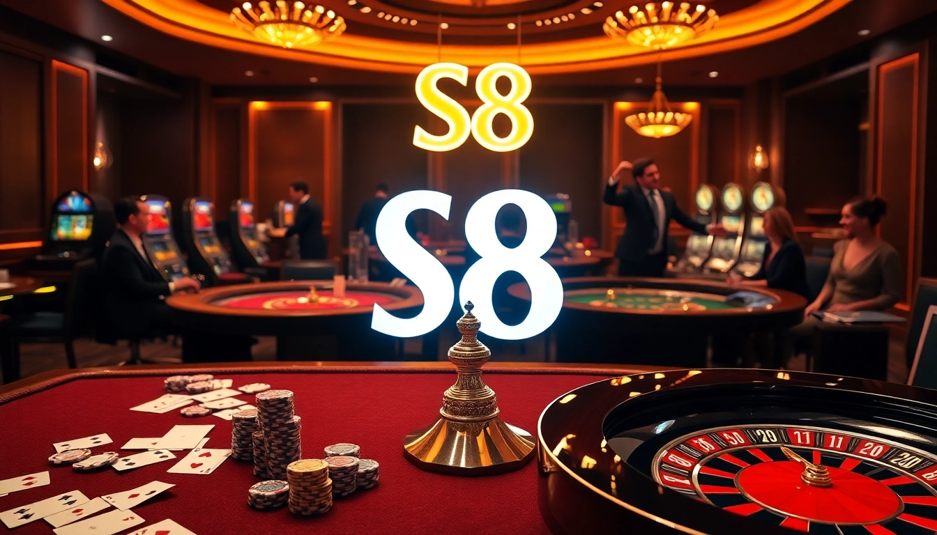 Immerse in the excitement of S8 luxury gaming with poker chips, roulette wheels, and jubilant players.