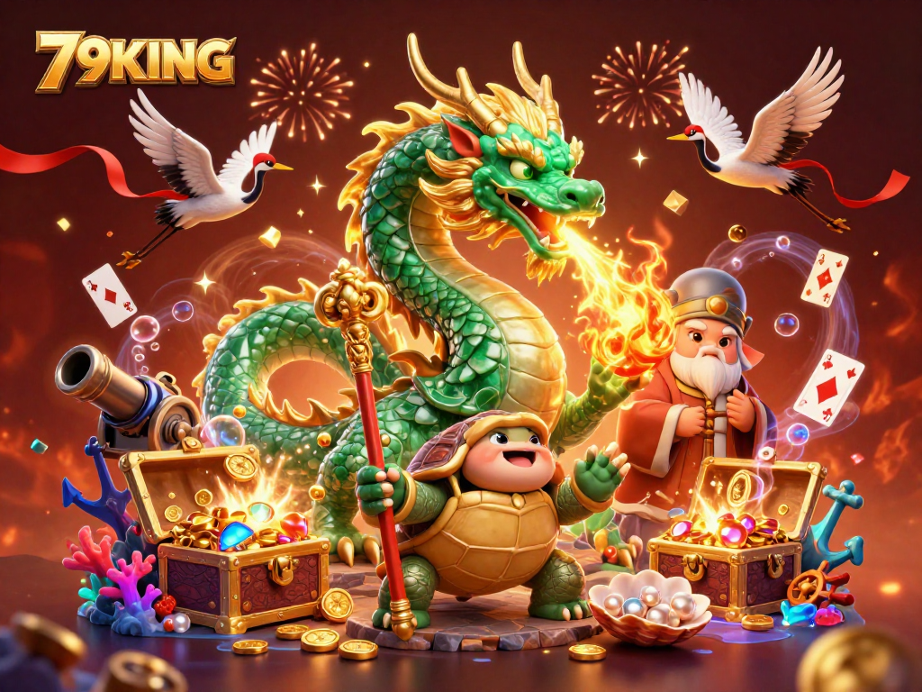 Experience thrilling gameplay with 79KING as the jade dragon breathes fire among vibrant casino treasures.
