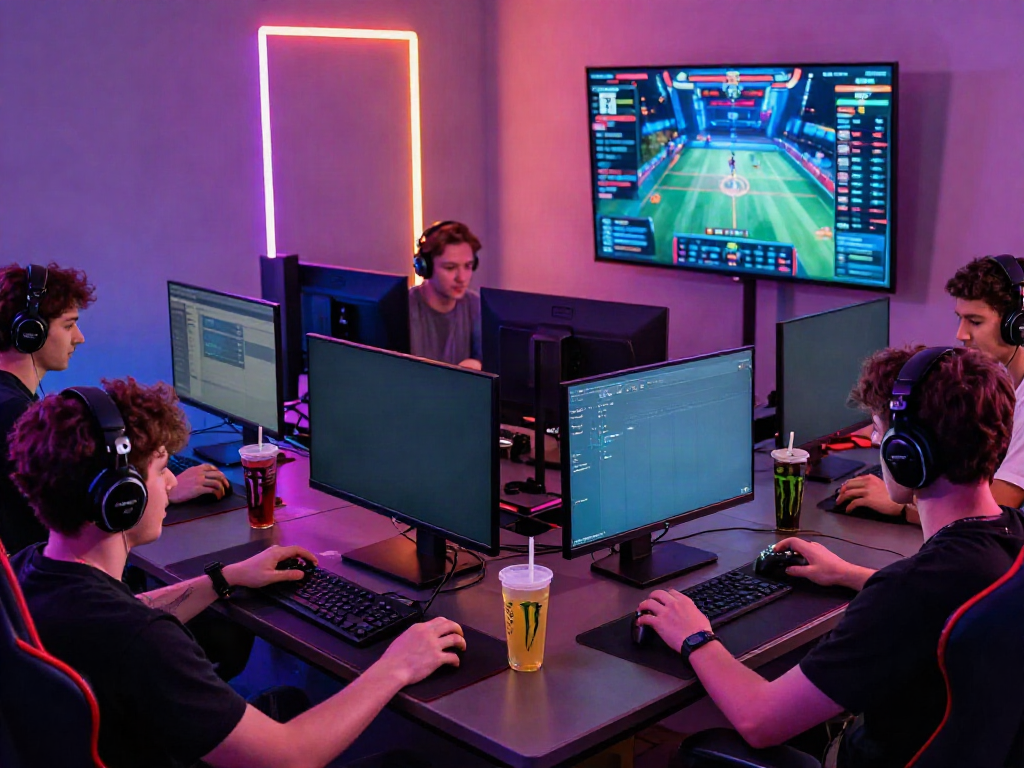 Friends enjoying the 9BET online gaming platform in a vibrant gaming setup.