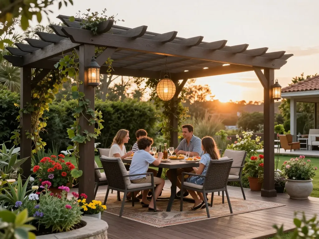 Custom pergola configurator in a serene outdoor dining setup, showcasing family meal and vibrant greenery.