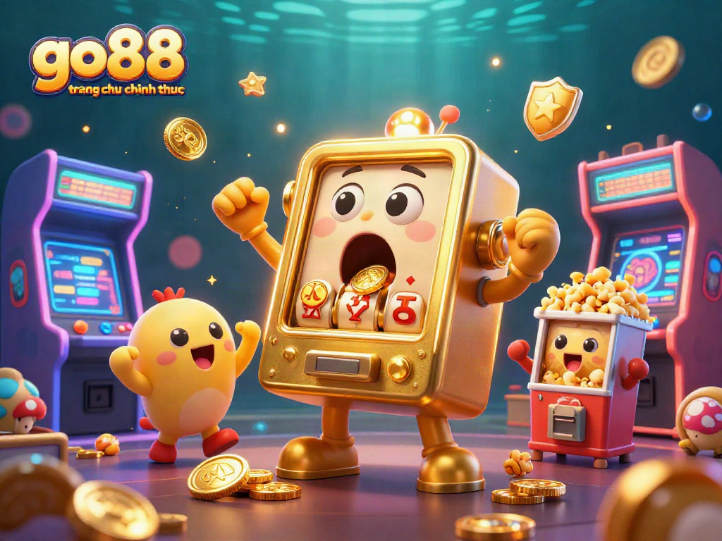 Spin and win with go88 trang chu chinh thuc: A vibrant scene of gold coins and cheerful slot machines.