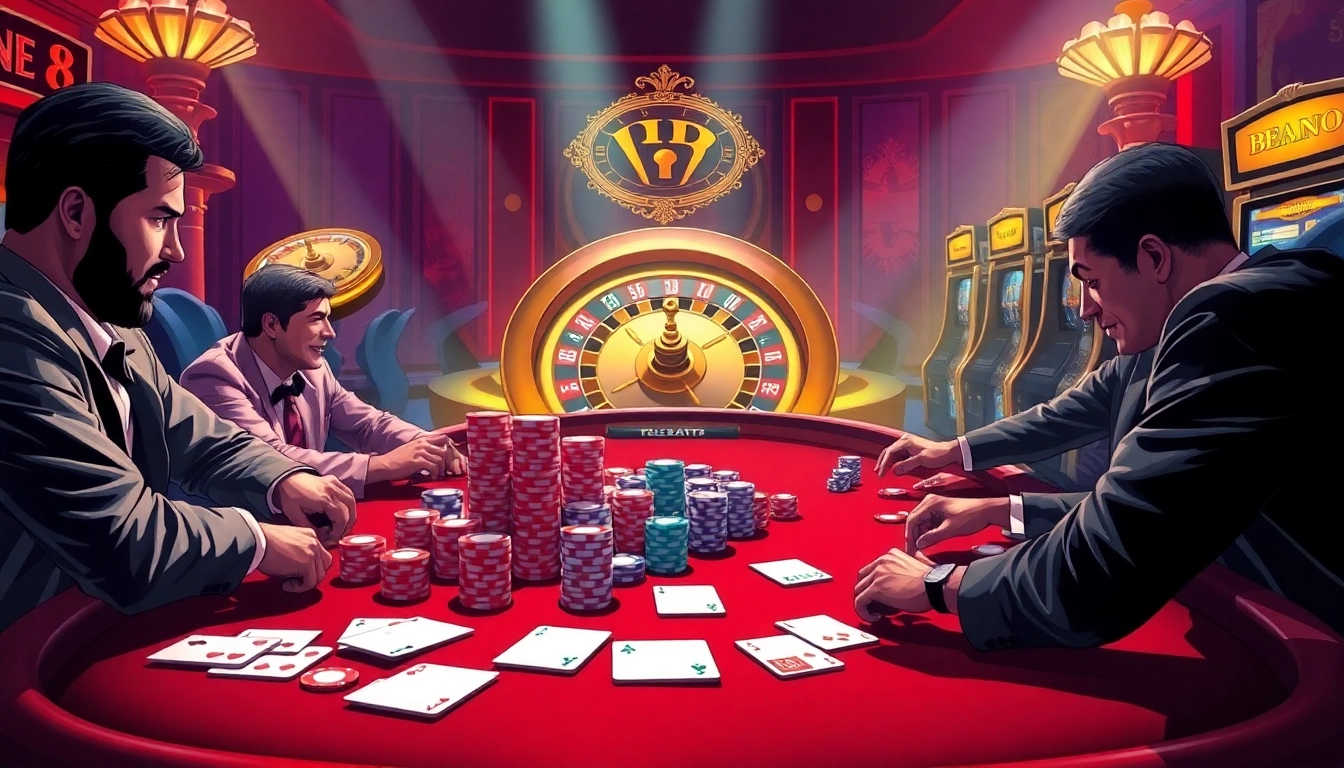 Experience the excitement of bem88 at a luxurious poker table surrounded by vibrant casino elements.