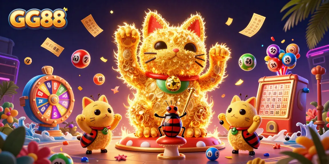 Engage with GG88's vibrant gaming world through an illustration of a lucky cat among dynamic casino elements.