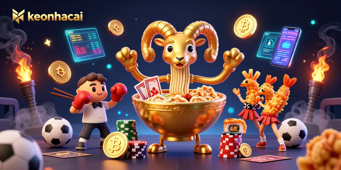 Bet on keonhacai using a giant golden ramen bowl dealer surrounded by sports elements.