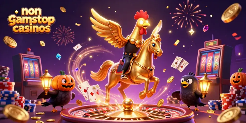 Delight in the magic of non gamstop casinos with a golden rooster and crows celebrating in a vibrant casino.