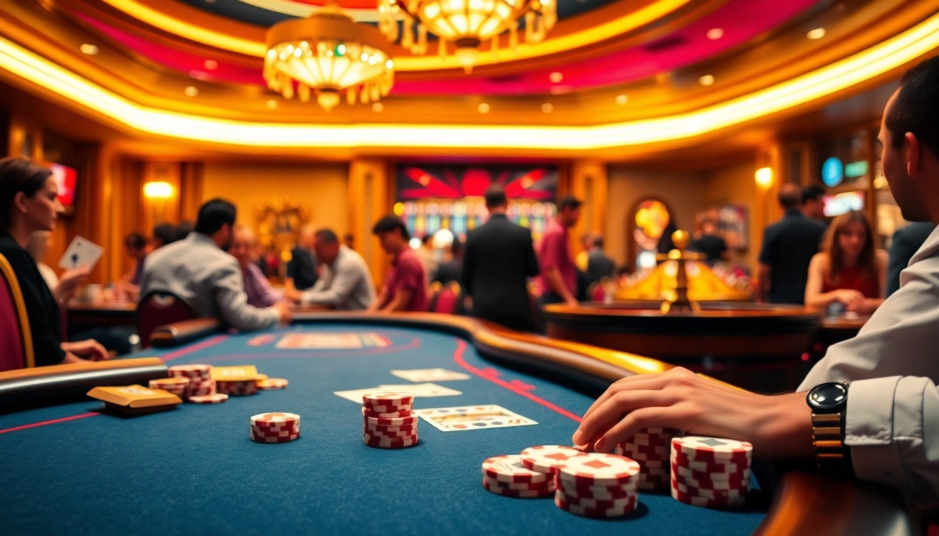 Exciting J8 poker table scene with vibrant chips and cards in a luxurious casino.