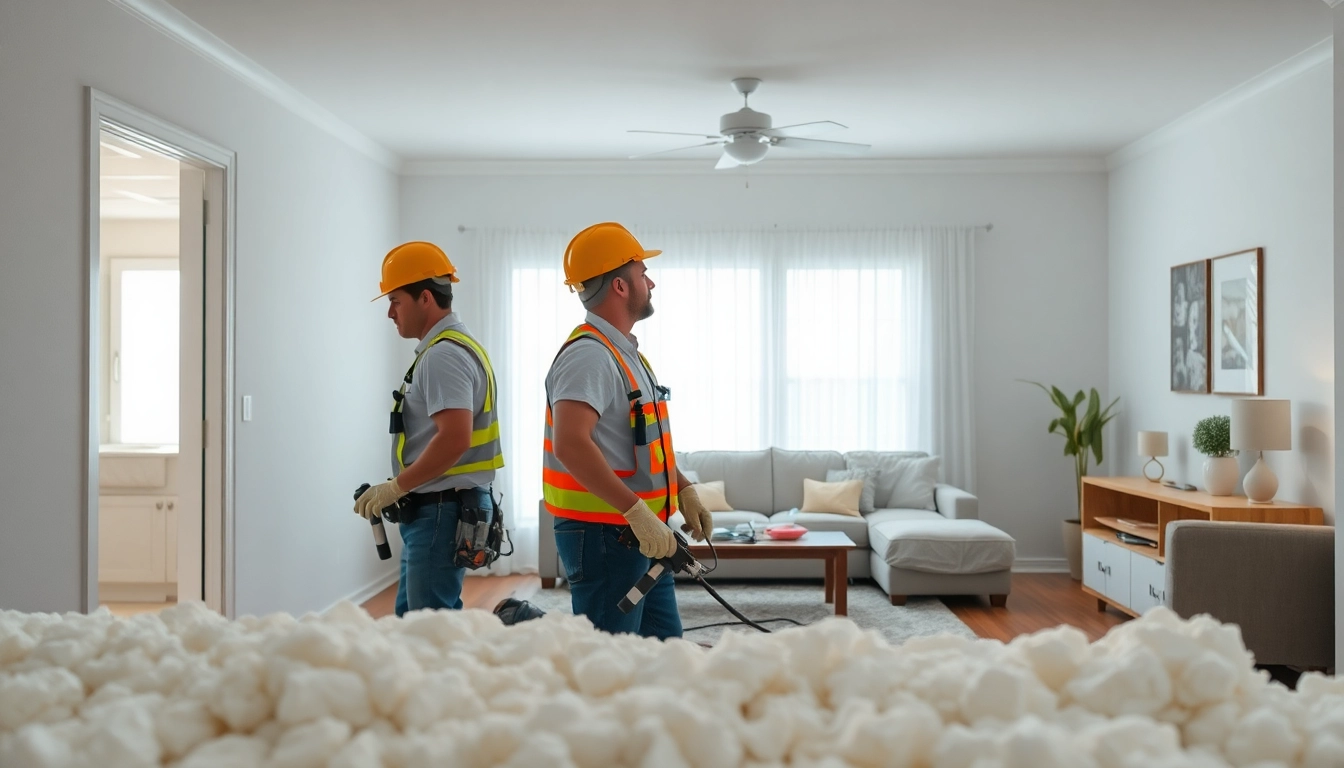 Professionals performing spray foam removal Littlehampton with safety measures in a bright living room.