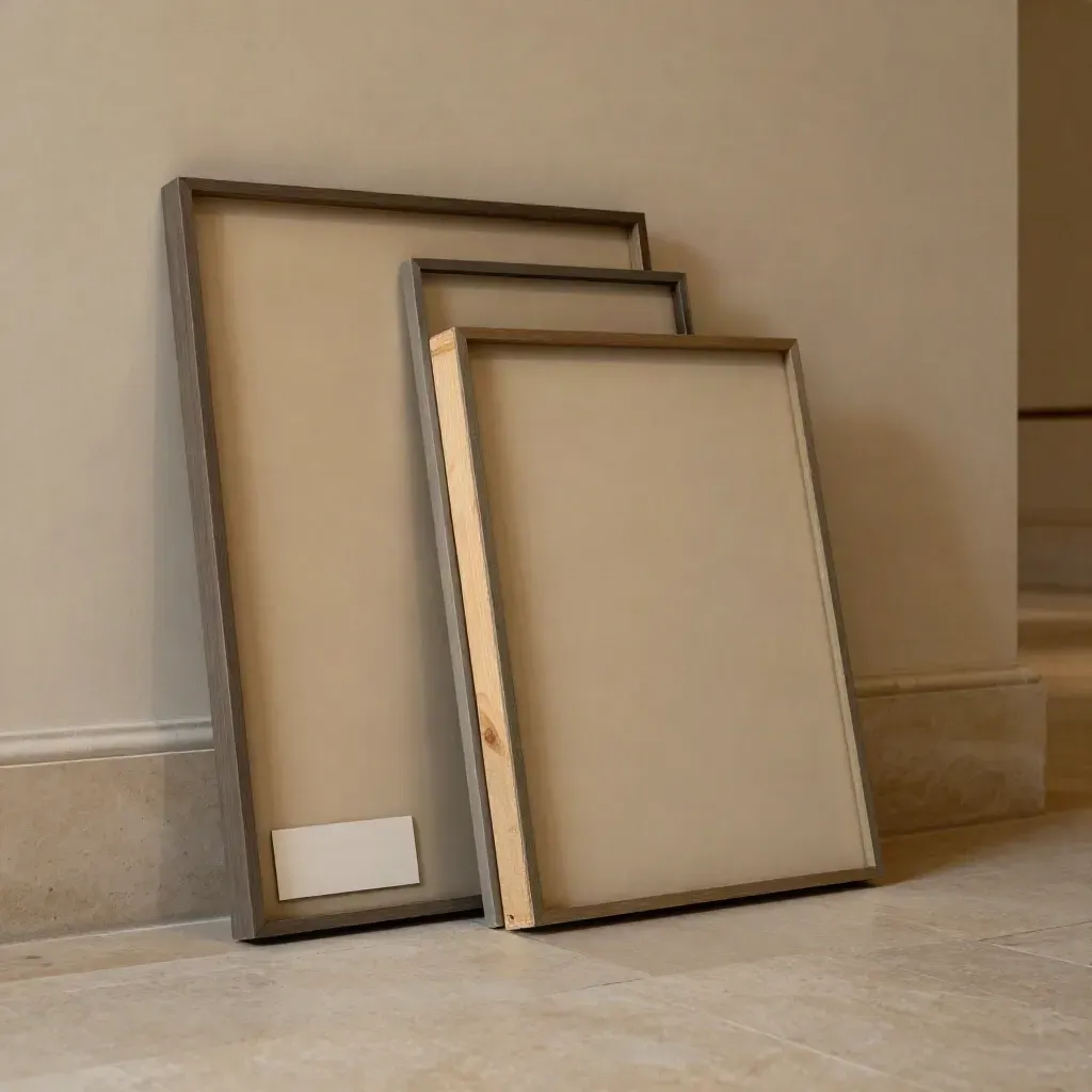 Museum alcove with framed panel reproduction, crate corner and blank label holders just after installation.