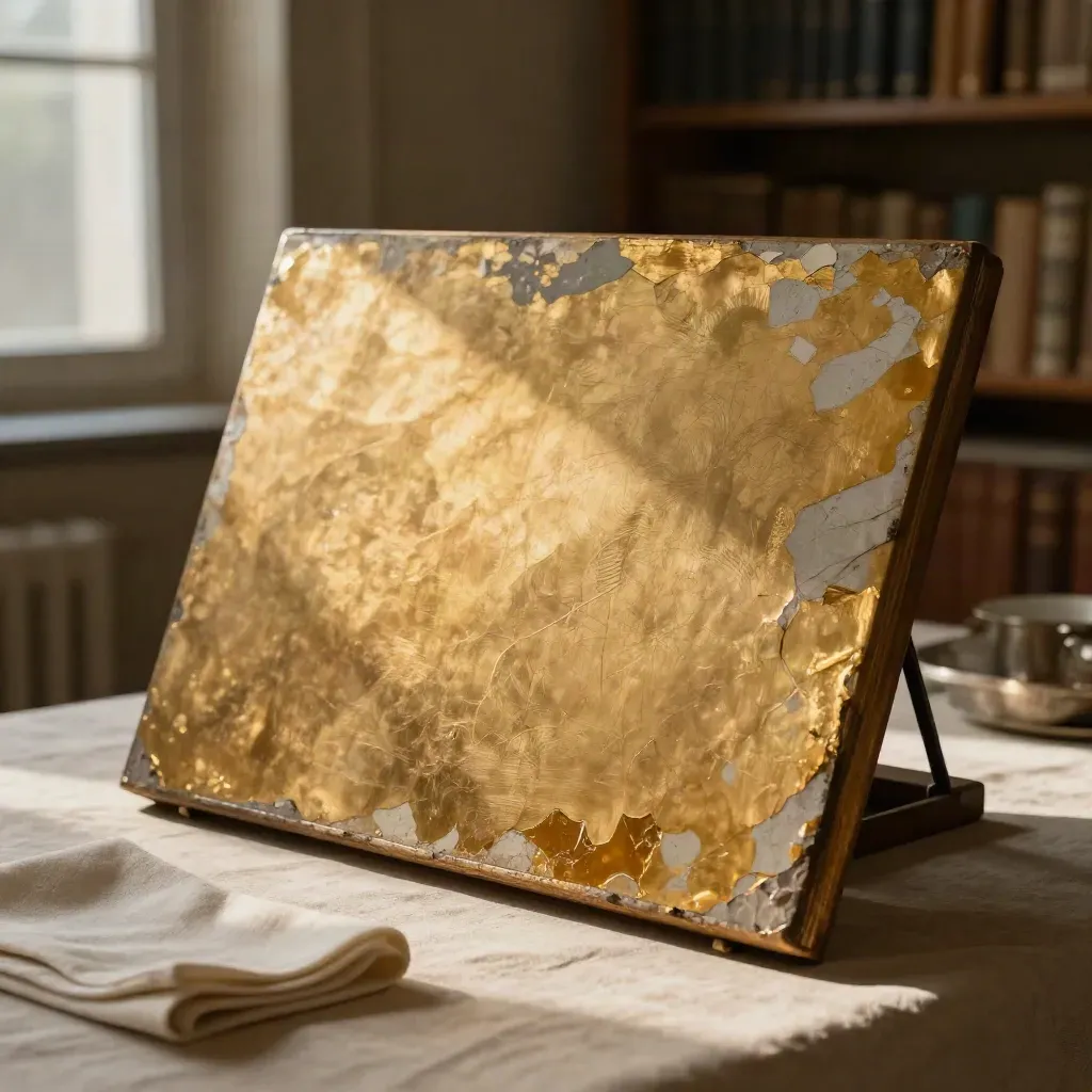 Cleaned panel fragment aligned with a varnished reference on a linen table, conservation studio close view.