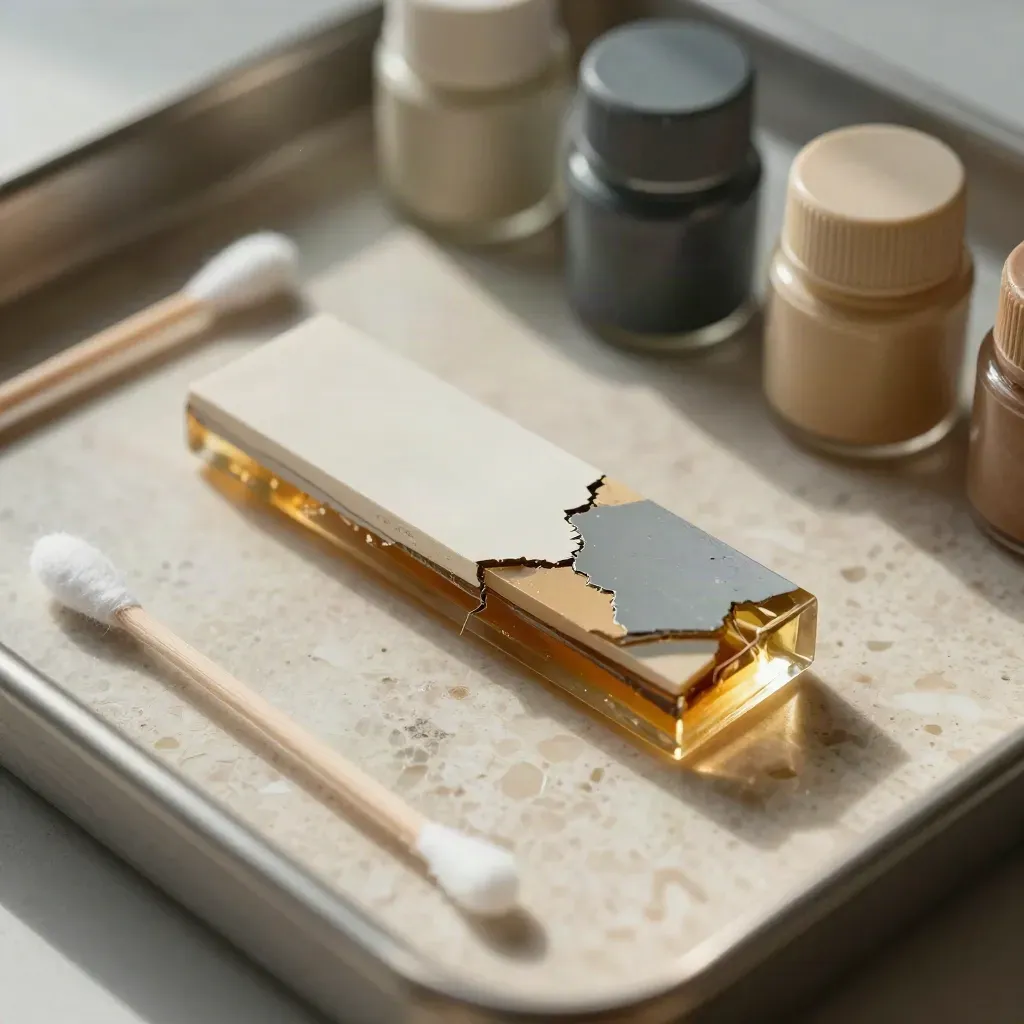 Paint cross-section, pigment jars and swab tips on a travertine conservation tray in soft light.