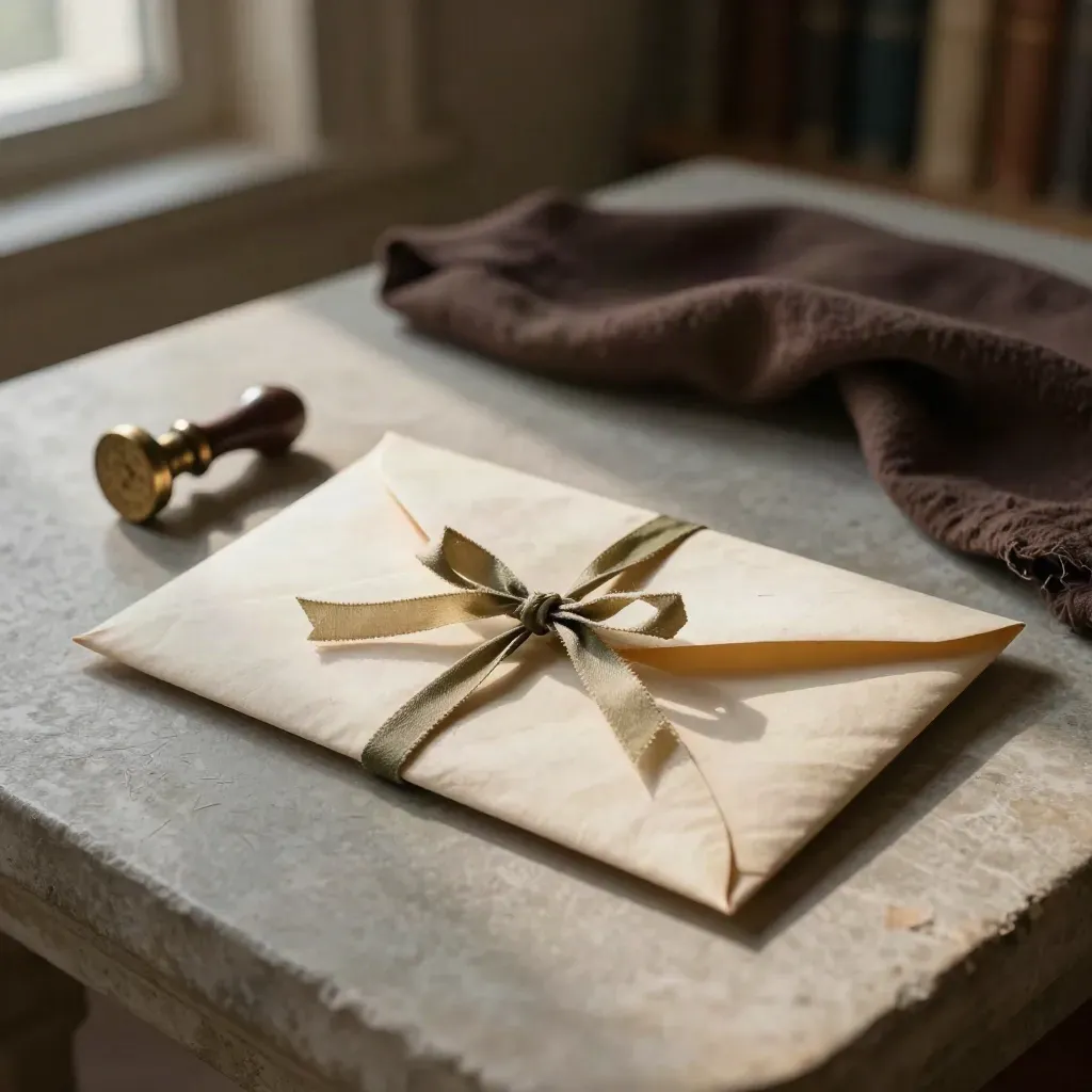 Ribbon loosening on an archival letter packet beside a bronze seal and folded cloth