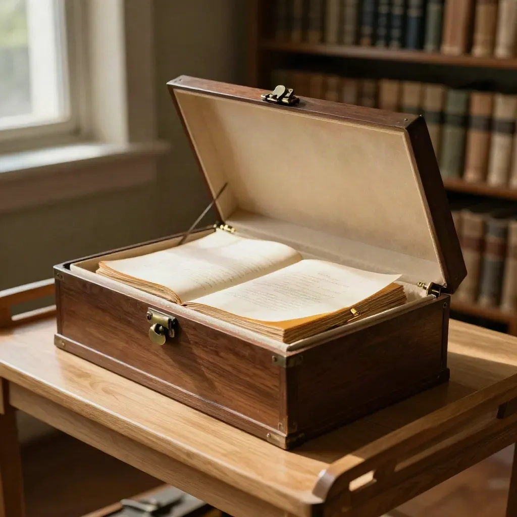 Archive box lifting open to reveal a folio and linen tie in warm library light.