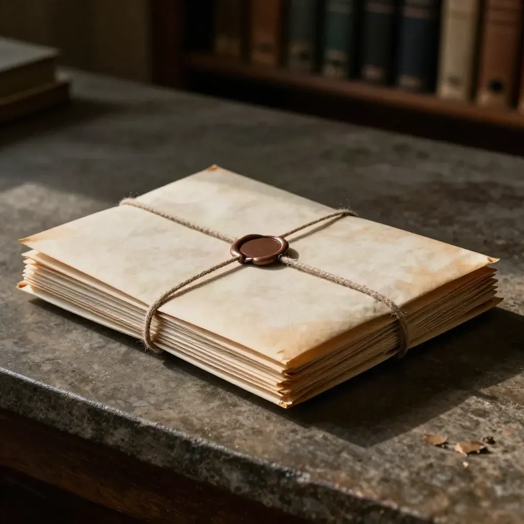 Top-down archive packet of sealed court letters opening on a dark conservation bench.
