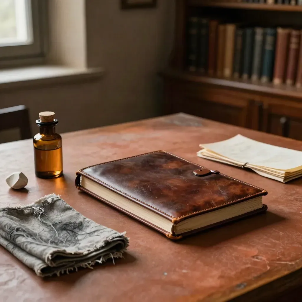 Closed sketchbook, amber bottle and folded cloth on a quiet archival worktable.
