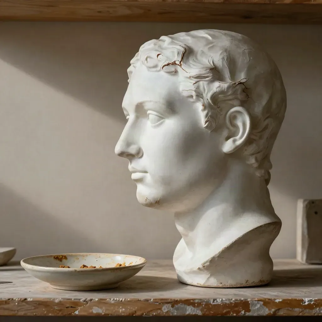 Plaster bust profile beside a panel with underdrawing and a pigment dish in moody studio light.