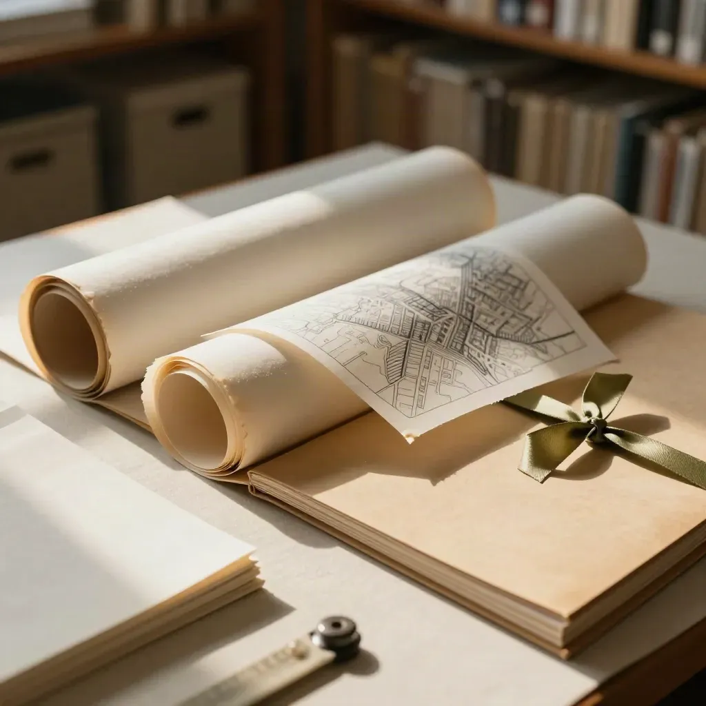 Rolled facsimiles and a tied folder spread diagonally on an archival table.