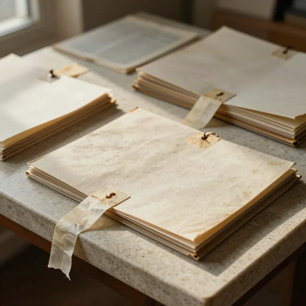 Macro of provenance tags and linen-tied folders trailing across a travertine conservation table.