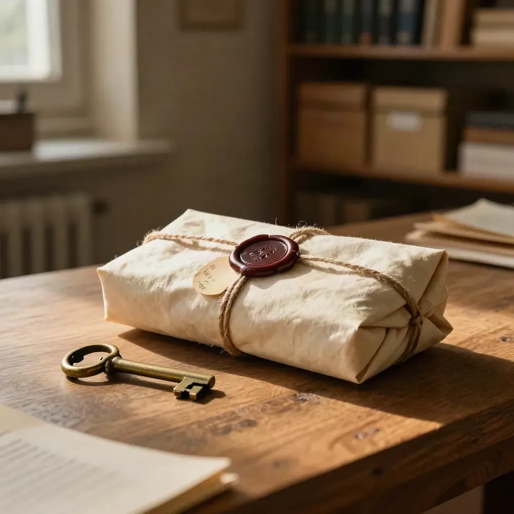 Wax-sealed bundle, brass key, and archival tags on an oak conservation bench in warm light.