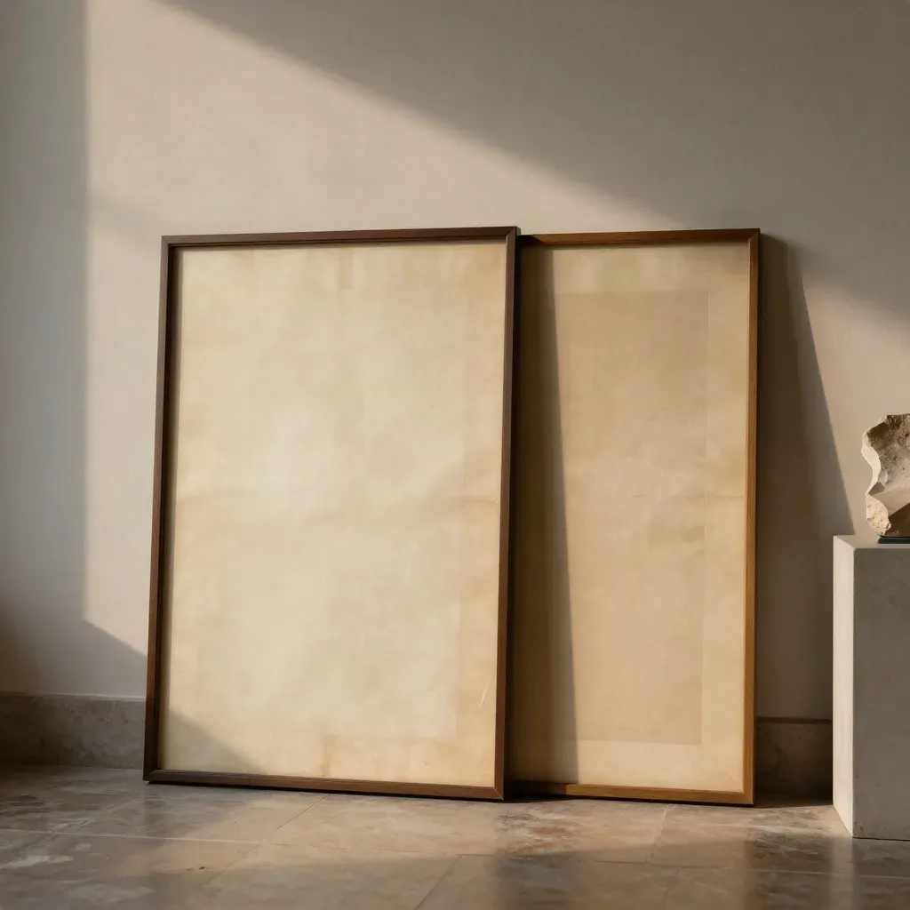Two framed reproduction panels beside a stone pedestal fragment under a curved wall shadow.