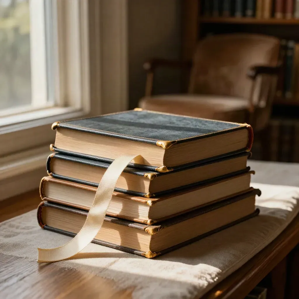 Books, ribbon, and a folded library slip on a sunlit window seat in a quiet reading nook.