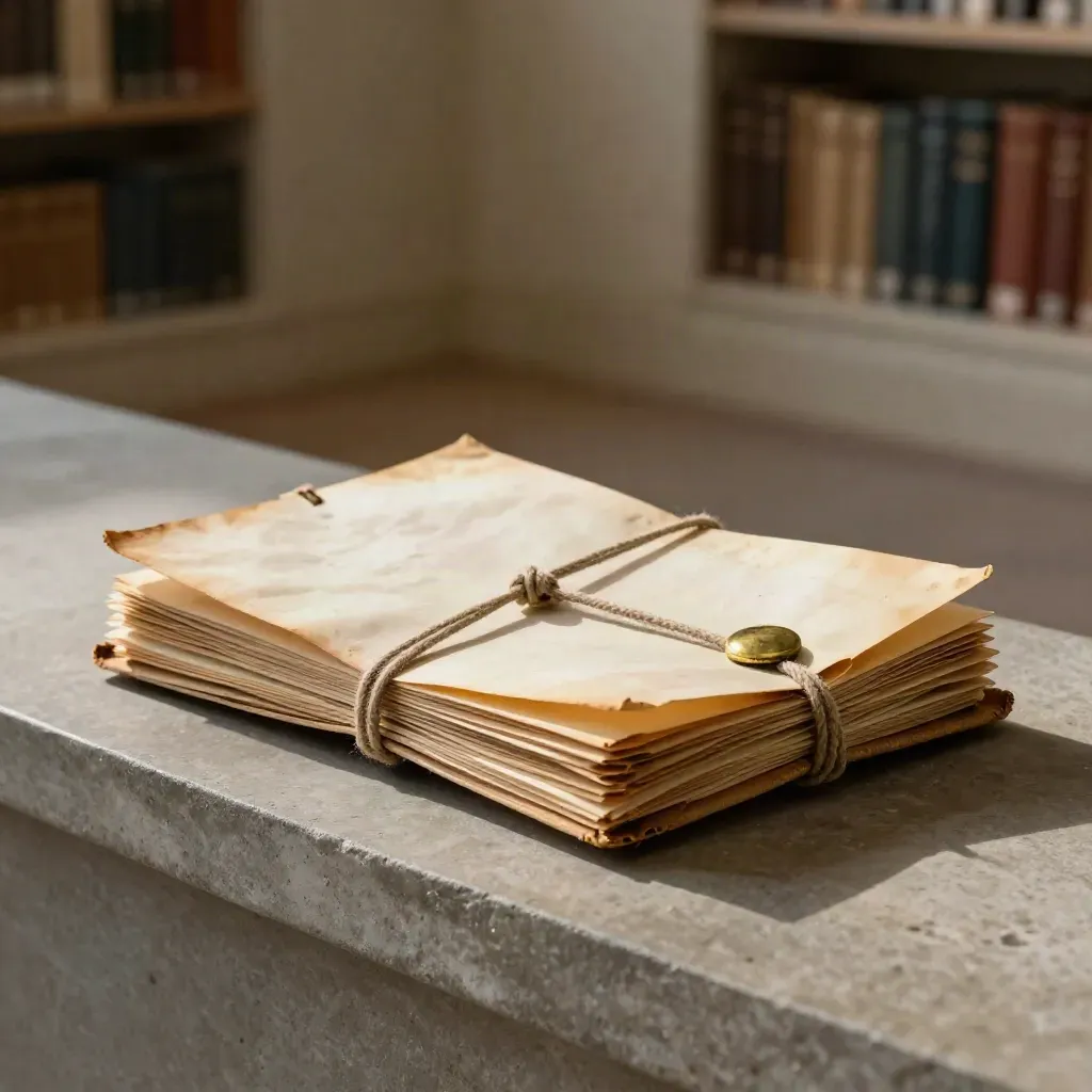 Archival packet, brass seal, and turned-over folios on a limestone ledge in an archive.