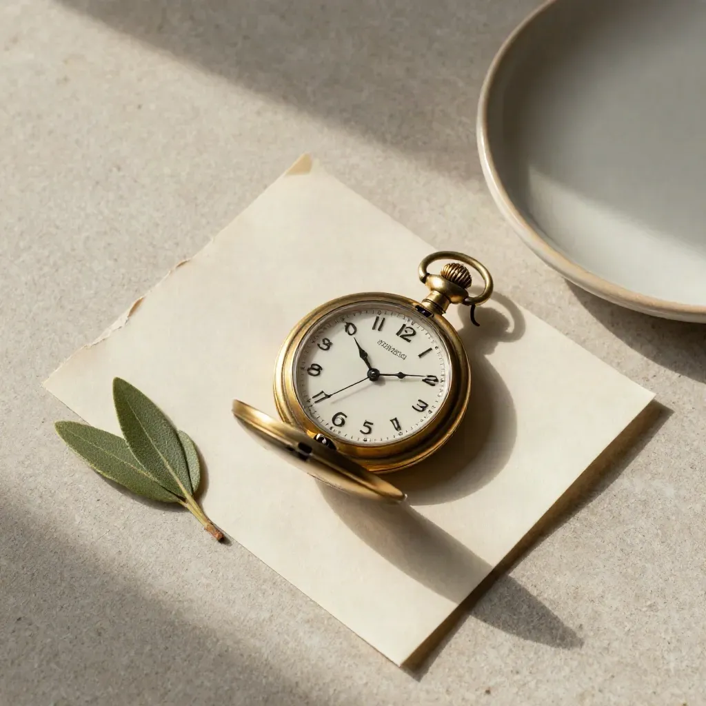 Brass pocket watch beside folded tracing sheet, bay sprig, and cream dish on pale stone, seen from above.