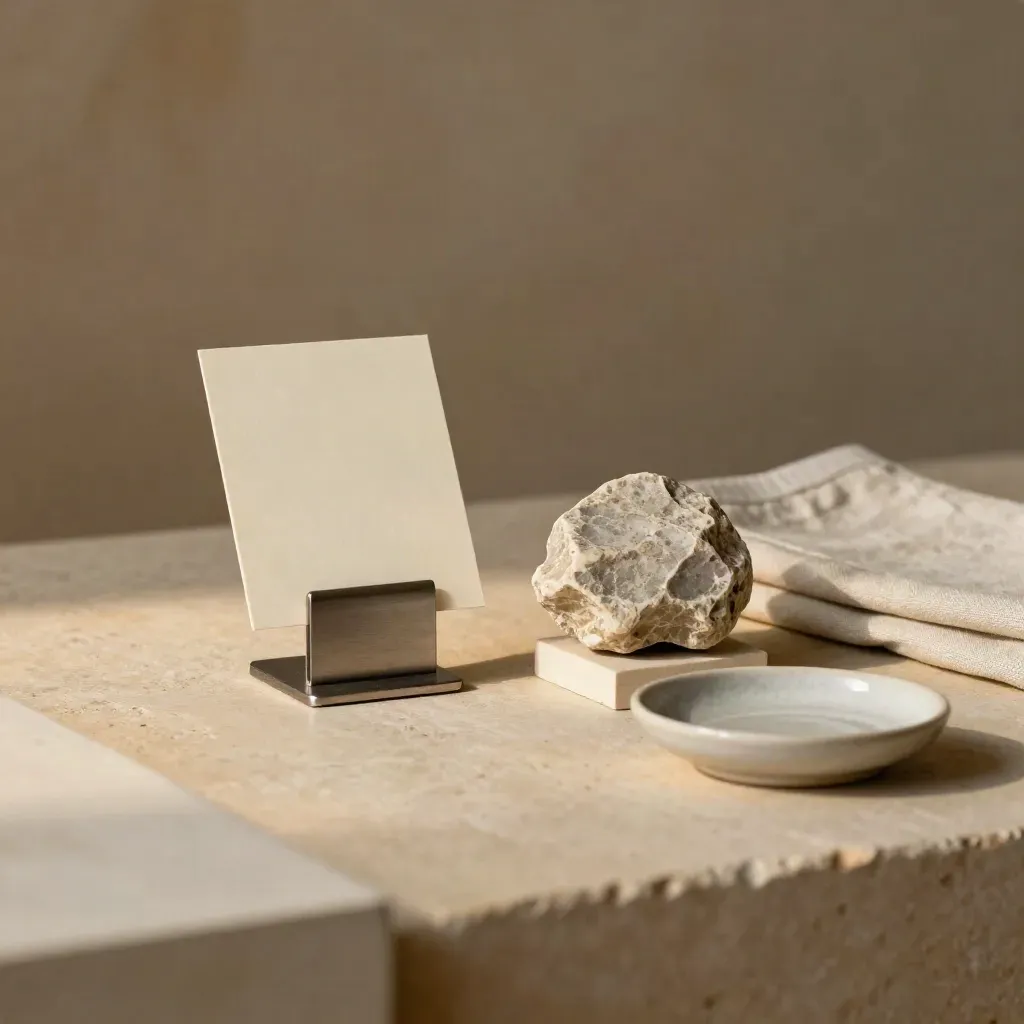 Gallery label stand, blank ivory card, and stone fragment on a pale pedestal