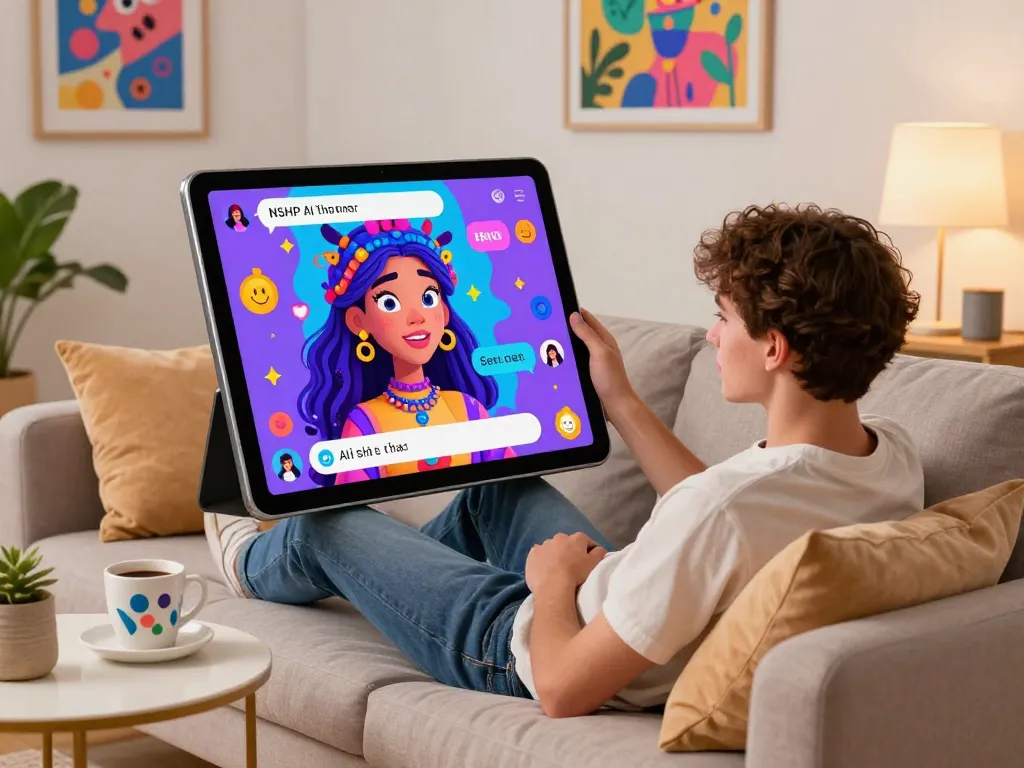 Engaging AI NSFW chat experience in a cozy modern setting with a vibrant character.