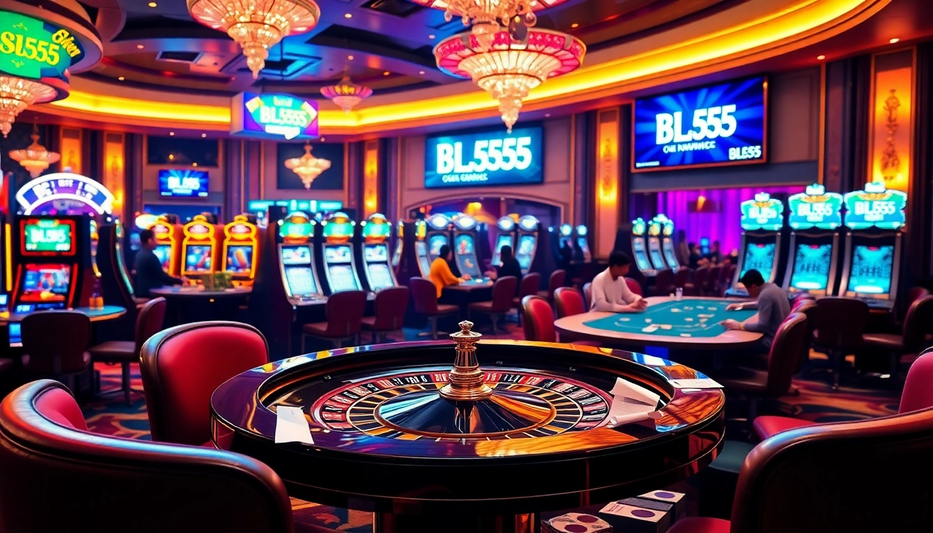 Experience the thrill of gaming at BL555's elegant casino with vibrant slot machines and a roulette table.