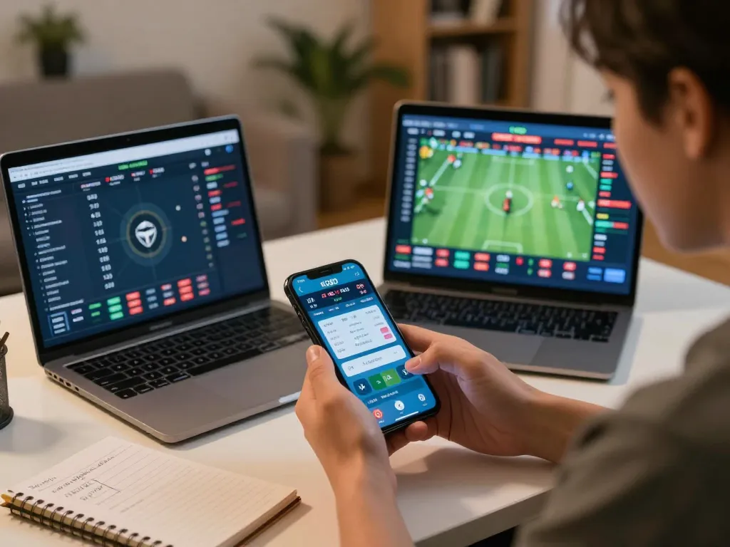 KQBD sports betting action where a user tracks live game scores on a smartphone in a cozy home setting.
