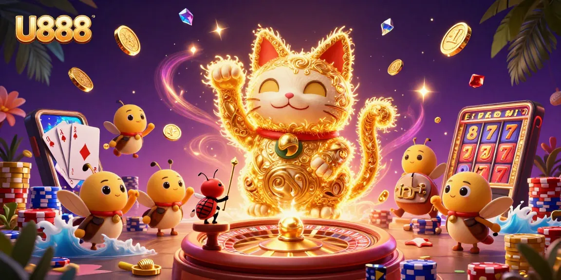 Experience the excitement of U888 with a vibrant, artistic portrayal of a golden lucky cat symbolizing luck and fortune.