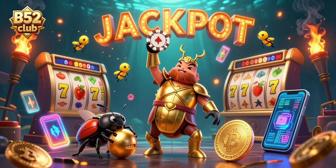 B52club illustrates vibrant casino excitement with cartoon characters celebrating winning big.